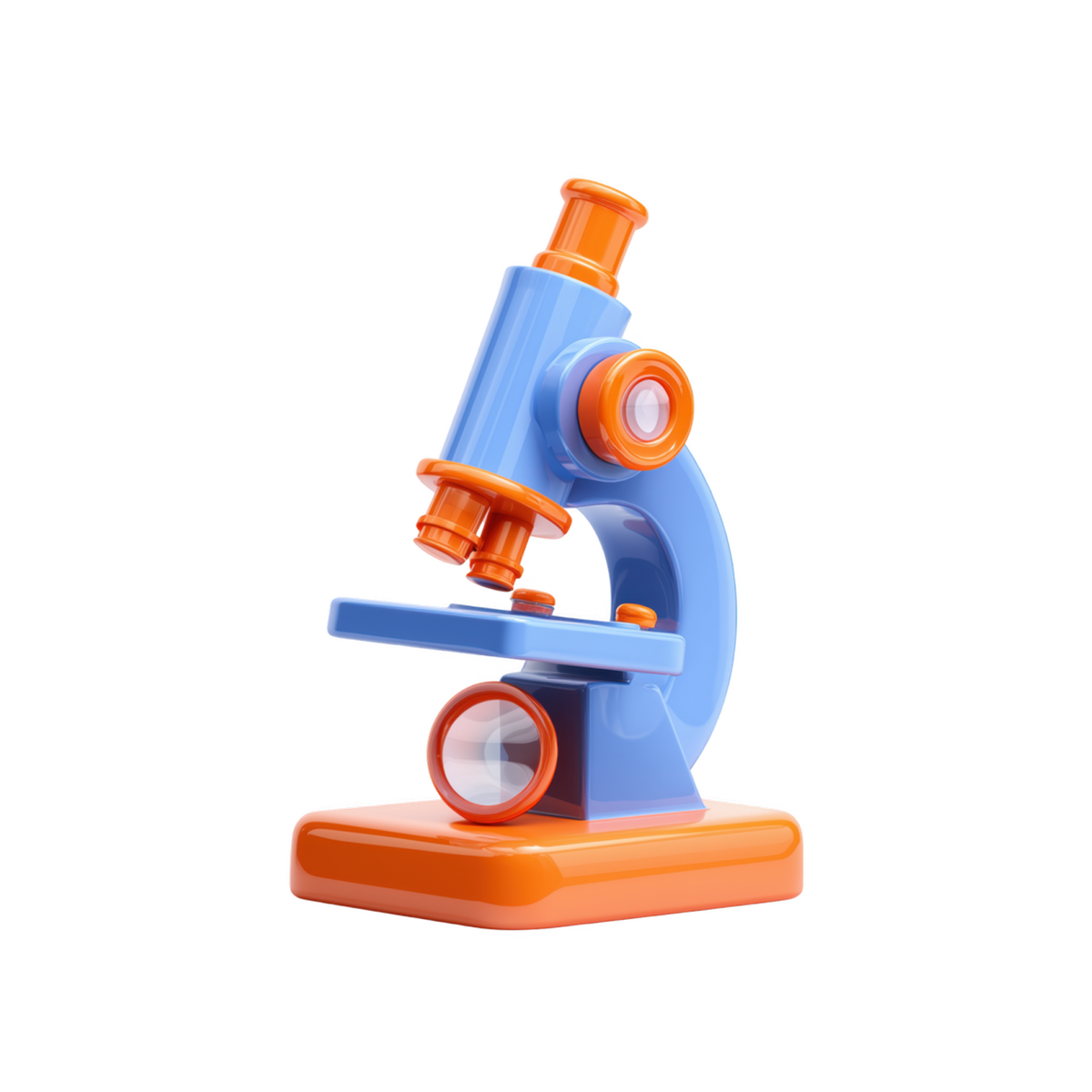 My First Science Lab Microscope Kit three-quarter view cobalt blue arm and stage vivid orange base eyepiece triple objective lenses focus knob and mirror illuminator