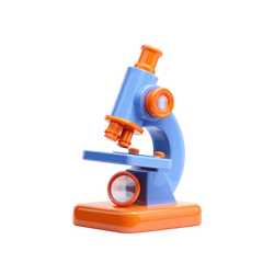 My First Science Lab Microscope Kit three-quarter view cobalt blue arm and stage vivid orange base eyepiece triple objective lenses focus knob and mirror illuminator