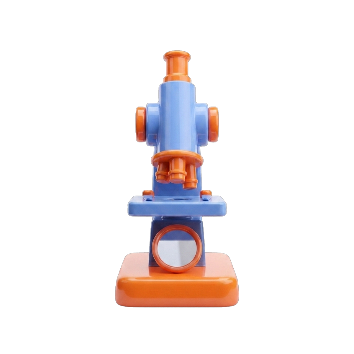 My First Science Lab Microscope Kit front view showing triple orange objective lenses rotating turret cobalt blue stage arm orange focus knob and round mirror base illuminator