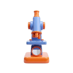 My First Science Lab Microscope Kit front view showing triple orange objective lenses rotating turret cobalt blue stage arm orange focus knob and round mirror base illuminator