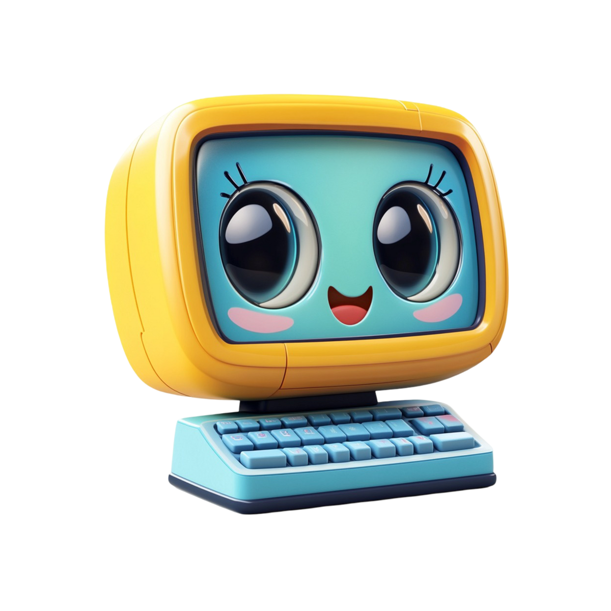 Buddy the Learning Computer three-quarter view sunshine yellow retro CRT body kawaii face turquoise screen big glossy eyes pink cheeks red smile blue chunky keyboard