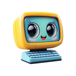 Buddy the Learning Computer three-quarter view sunshine yellow retro CRT body kawaii face turquoise screen big glossy eyes pink cheeks red smile blue chunky keyboard