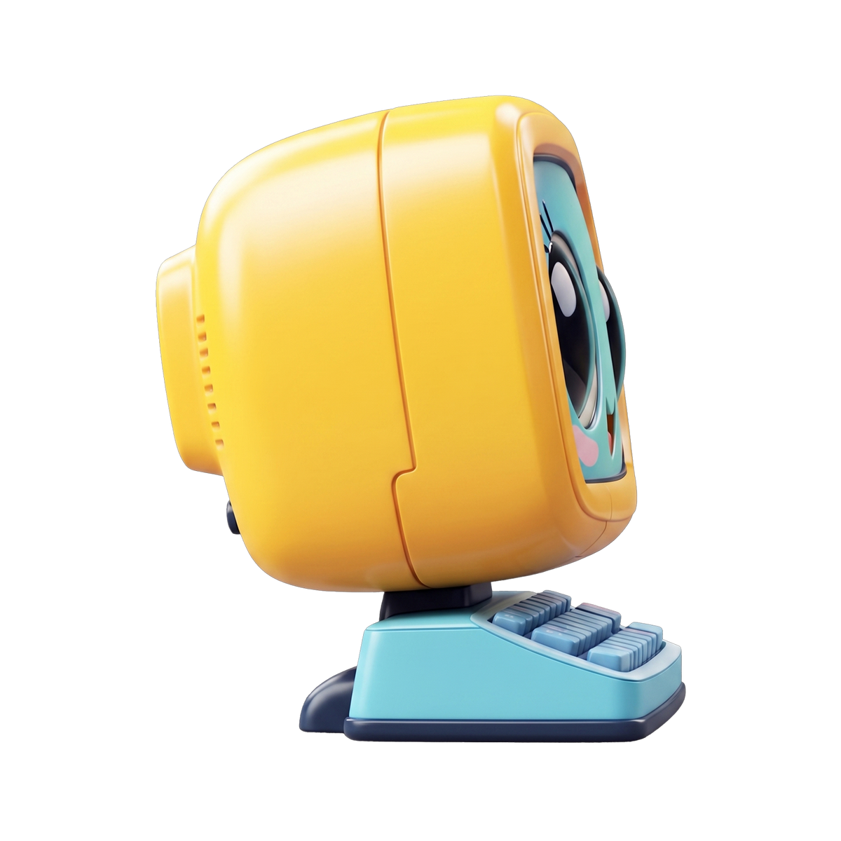 Buddy the Learning Computer rear three-quarter view showing full sunshine yellow shell speaker vents and sky-blue keyboard base from behind