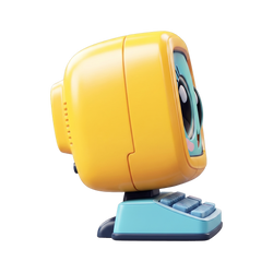 Buddy the Learning Computer rear three-quarter view showing full sunshine yellow shell speaker vents and sky-blue keyboard base from behind