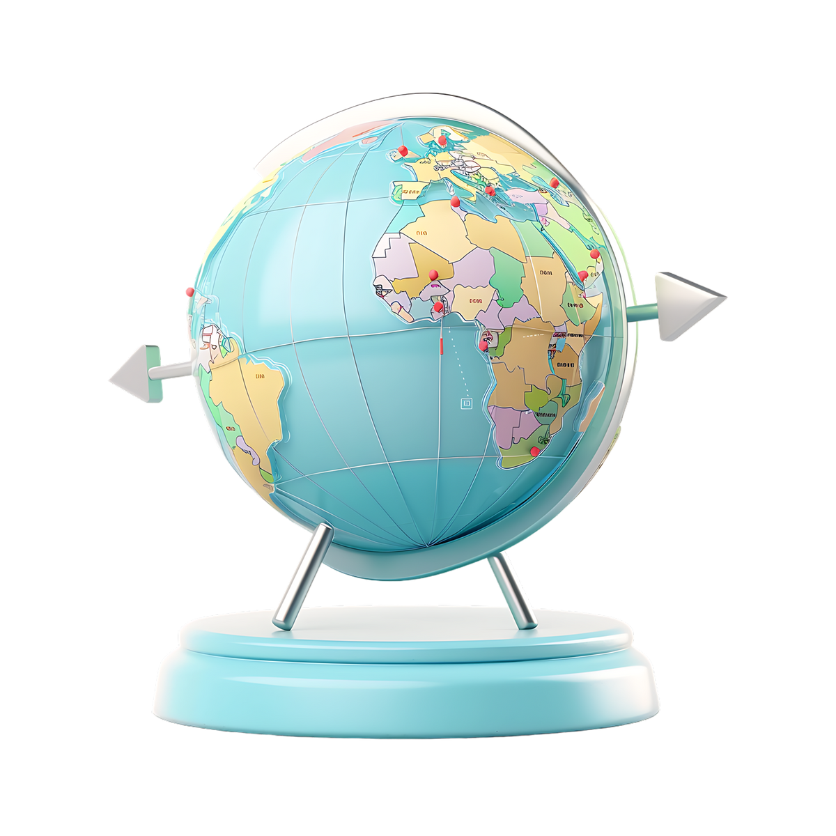 Kids Interactive World Explorer Globe three-quarter view mint turquoise ocean pastel political map chrome meridian ring arrow axis pointers three-leg stand and red pin markers