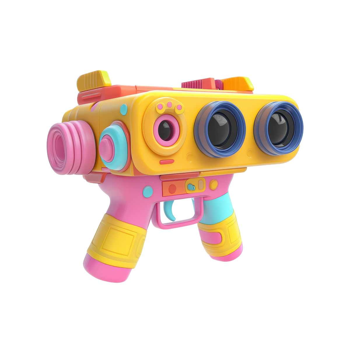 Kids Multi-Lens Science Camera Projector Toy three-quarter view vivid yellow pink mint body triple blue-rimmed lens barrels pink centre lens teal trigger yellow grips