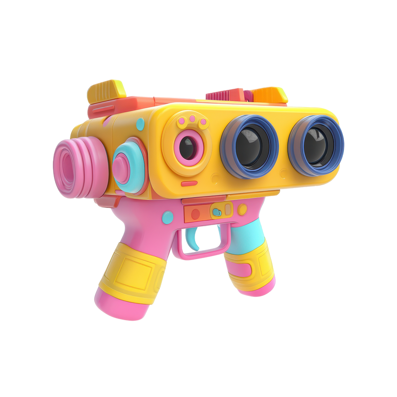 Kids Multi-Lens Science Camera Projector Toy three-quarter view vivid yellow pink mint body triple blue-rimmed lens barrels pink centre lens teal trigger yellow grips