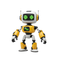 RB-X1 Smart Coding Robot front view white and yellow humanoid robot green LED dot-matrix eye display twin antennae articulated arms five-finger hands yellow boots