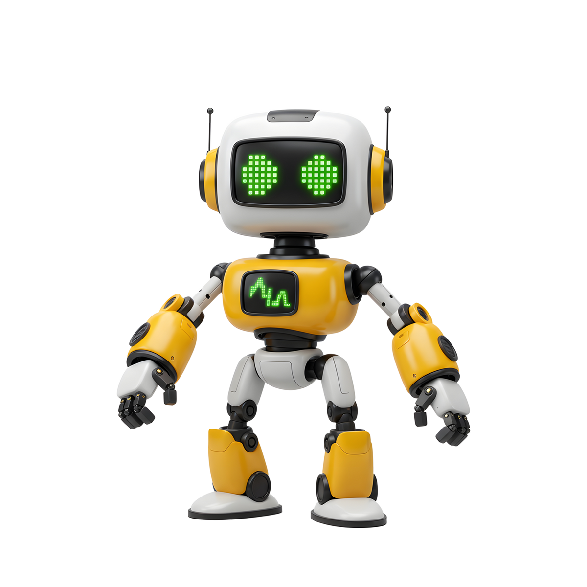 RB-X1 Smart Coding Robot front view white and yellow humanoid robot green LED dot-matrix eye display twin antennae articulated arms five-finger hands yellow boots