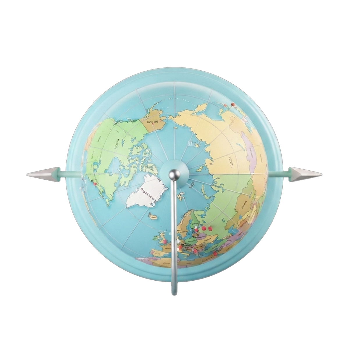 Kids Interactive World Explorer Globe top-down polar view showing full Arctic Ocean Greenland North America Europe and Asia with chrome meridian ring and axis pointers
