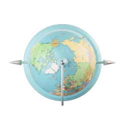 Kids Interactive World Explorer Globe top-down polar view showing full Arctic Ocean Greenland North America Europe and Asia with chrome meridian ring and axis pointers