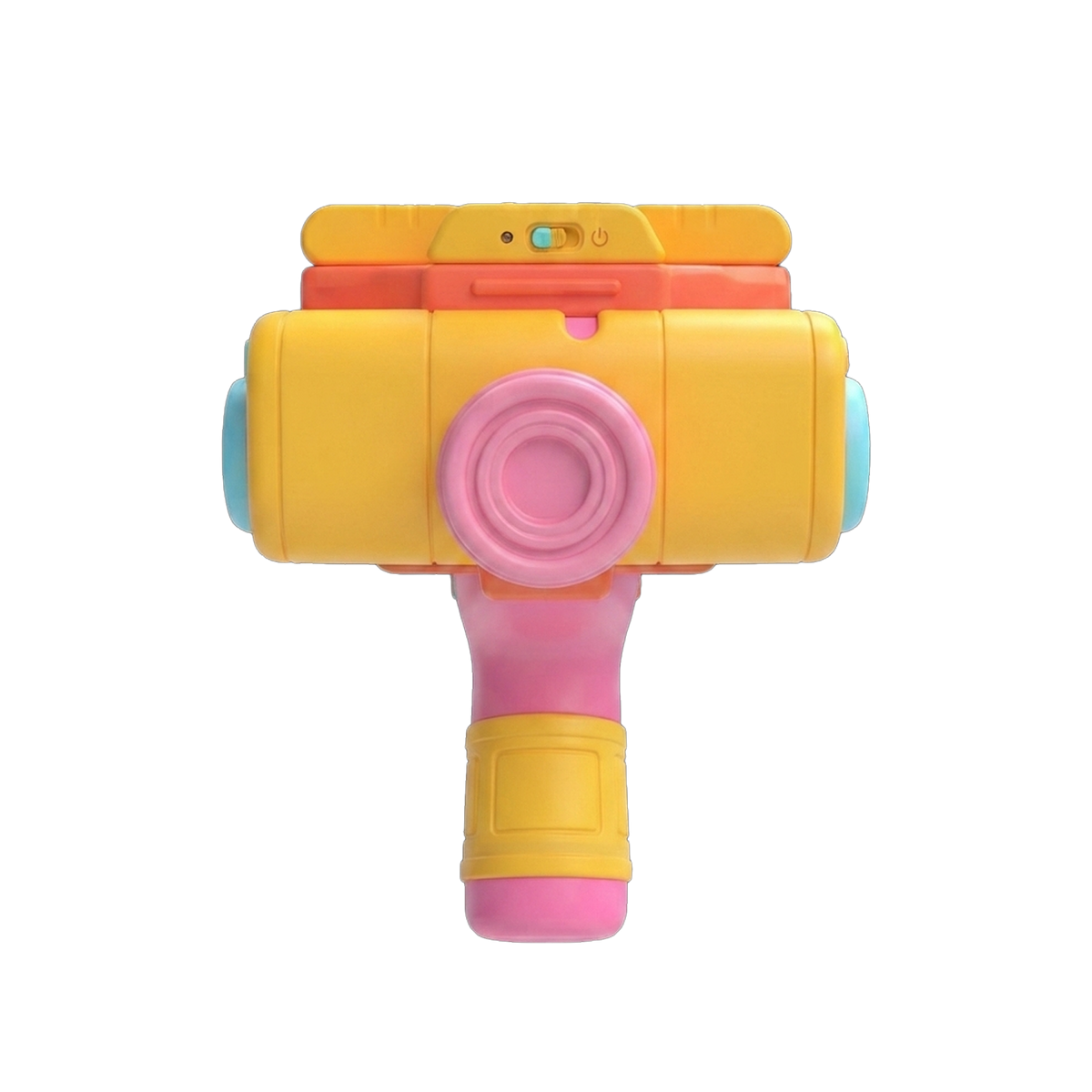 Kids Multi-Lens Science Camera Projector Toy front face view showing yellow body orange-red top rail pink central lens turquoise side ports and power toggle switch