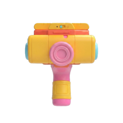 Kids Multi-Lens Science Camera Projector Toy front face view showing yellow body orange-red top rail pink central lens turquoise side ports and power toggle switch