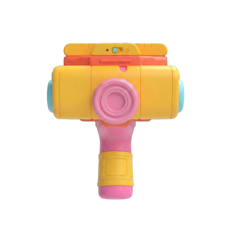 Kids Multi-Lens Science Camera Projector Toy front face view showing yellow body orange-red top rail pink central lens turquoise side ports and power toggle switch