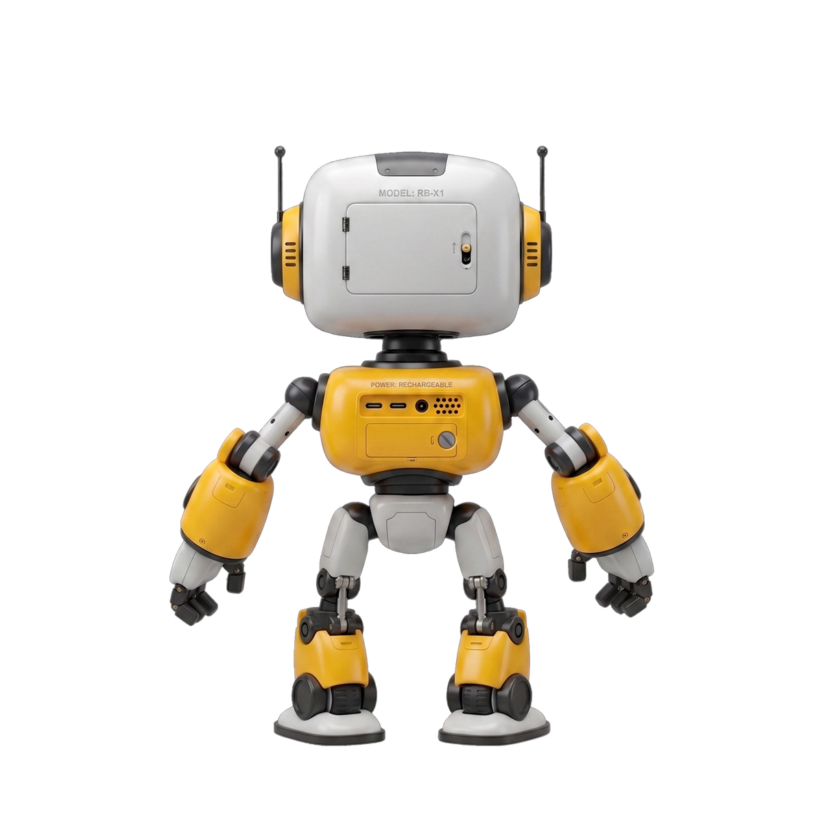 RB-X1 Smart Coding Robot rear view showing MODEL RB-X1 head panel POWER RECHARGEABLE label dual USB-C ports 3.5mm audio jack and chest speaker grille