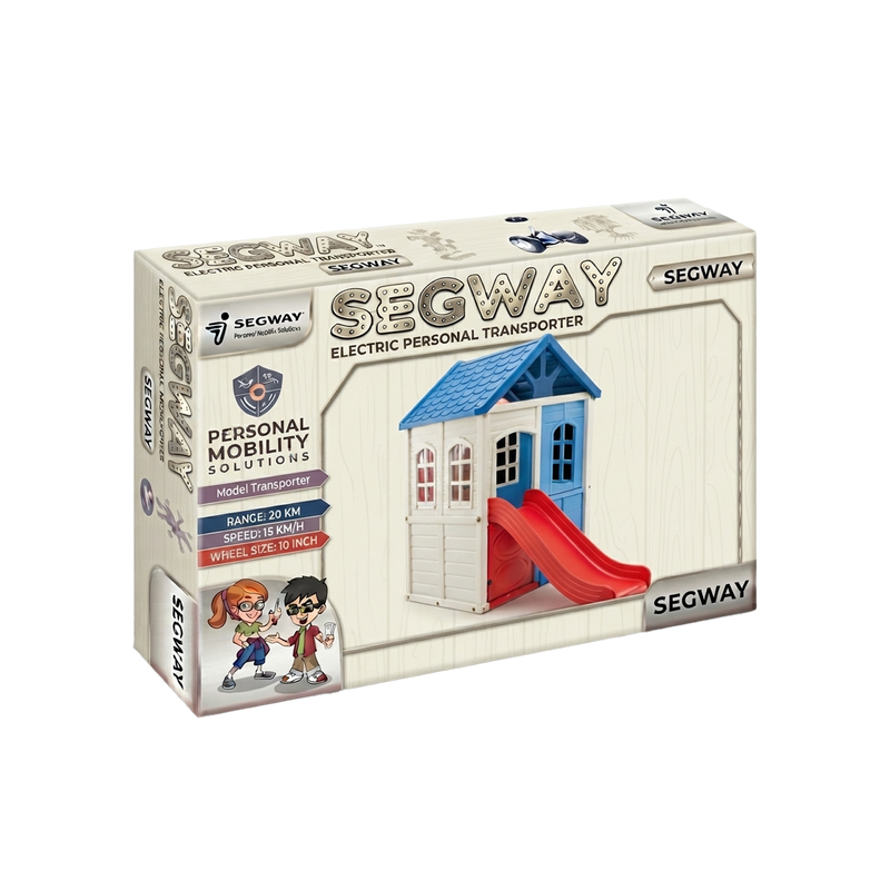 Segway Adventure Playhouse with Slide product packaging box showing full playhouse illustration blue roof red slide and Segway Personal Mobility Solutions Model Transporter specification