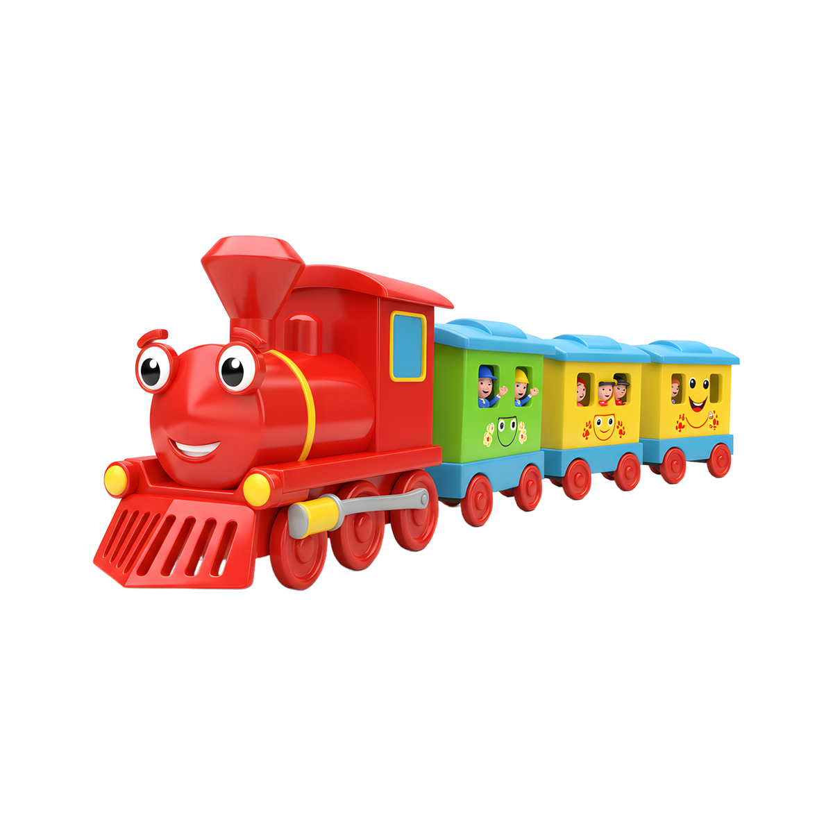 Segway Choo-Choo Express Train Set red smiling locomotive with white eyes rosy cheeks wide grin yellow trim chimney and three carriages green yellow blue on red spoke wheels