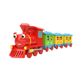Segway Choo-Choo Express Train Set red smiling locomotive with white eyes rosy cheeks wide grin yellow trim chimney and three carriages green yellow blue on red spoke wheels