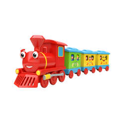 Segway Choo-Choo Express Train Set red smiling locomotive with white eyes rosy cheeks wide grin yellow trim chimney and three carriages green yellow blue on red spoke wheels