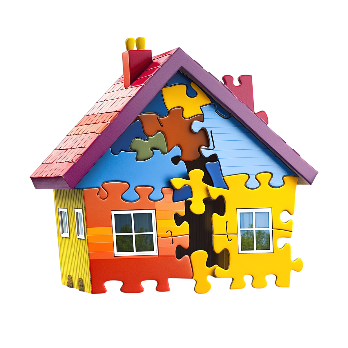Segway Puzzle House Building Set completed 3D house purple A-frame roof red chimneys yellow pots salmon roof sky-blue gable multi-colour puzzle pieces yellow walls orange red panels white windows
