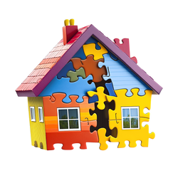 Segway Puzzle House Building Set completed 3D house purple A-frame roof red chimneys yellow pots salmon roof sky-blue gable multi-colour puzzle pieces yellow walls orange red panels white windows