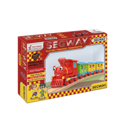 Segway Choo-Choo Express Train Set product packaging bold red box yellow checkerboard border showing full train on wooden track with Range Infinite Play Speed Safe and Fun specifications