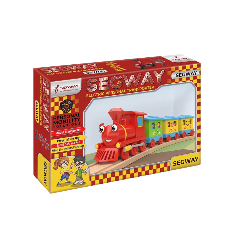 Segway Choo-Choo Express Train Set product packaging bold red box yellow checkerboard border showing full train on wooden track with Range Infinite Play Speed Safe and Fun specifications