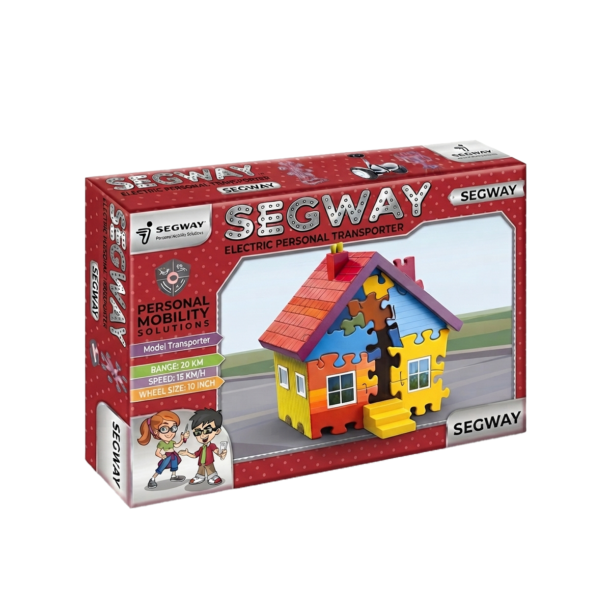 Segway Puzzle House Building Set bold red product packaging box showing completed colourful 3D puzzle house with Segway Personal Mobility Solutions Model Transporter specification