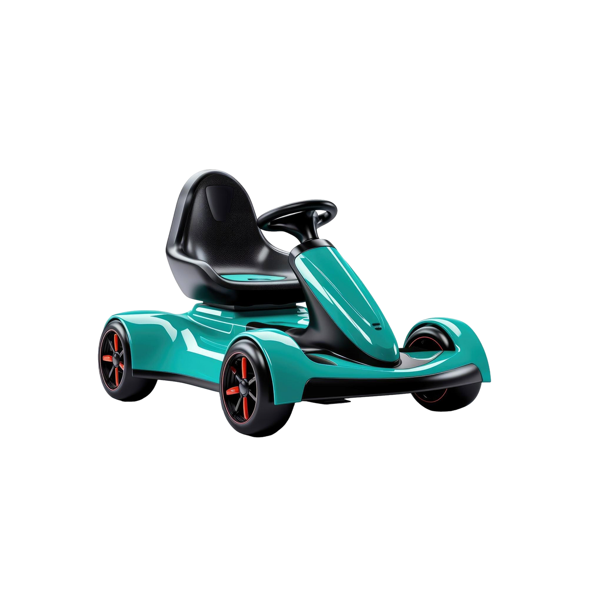 Segway Electric Go-Kart Transporter three-quarter view racing teal green gloss body black carbon bucket seat black oval steering wheel 10-inch multi-spoke wheels red hub accents