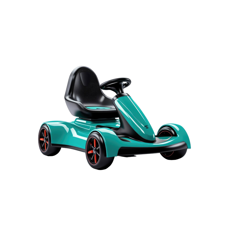 Segway Electric Go-Kart Transporter three-quarter view racing teal green gloss body black carbon bucket seat black oval steering wheel 10-inch multi-spoke wheels red hub accents