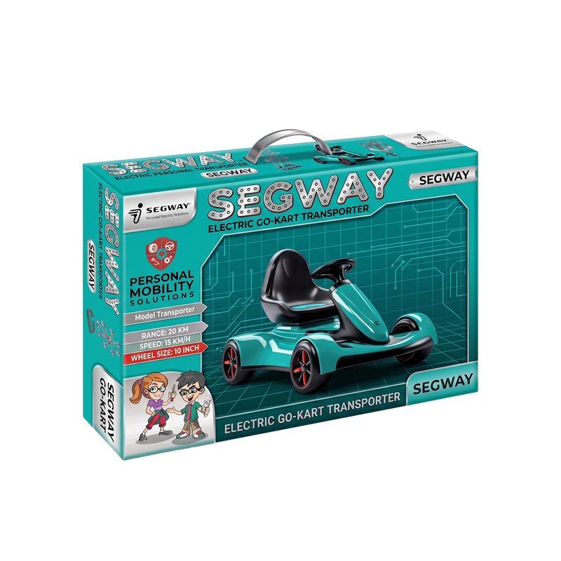 Segway Electric Go-Kart Transporter product packaging teal box showing Range 20KM Speed 15KMH Wheel Size 10 inch Personal Mobility Solutions Model Transporter specification