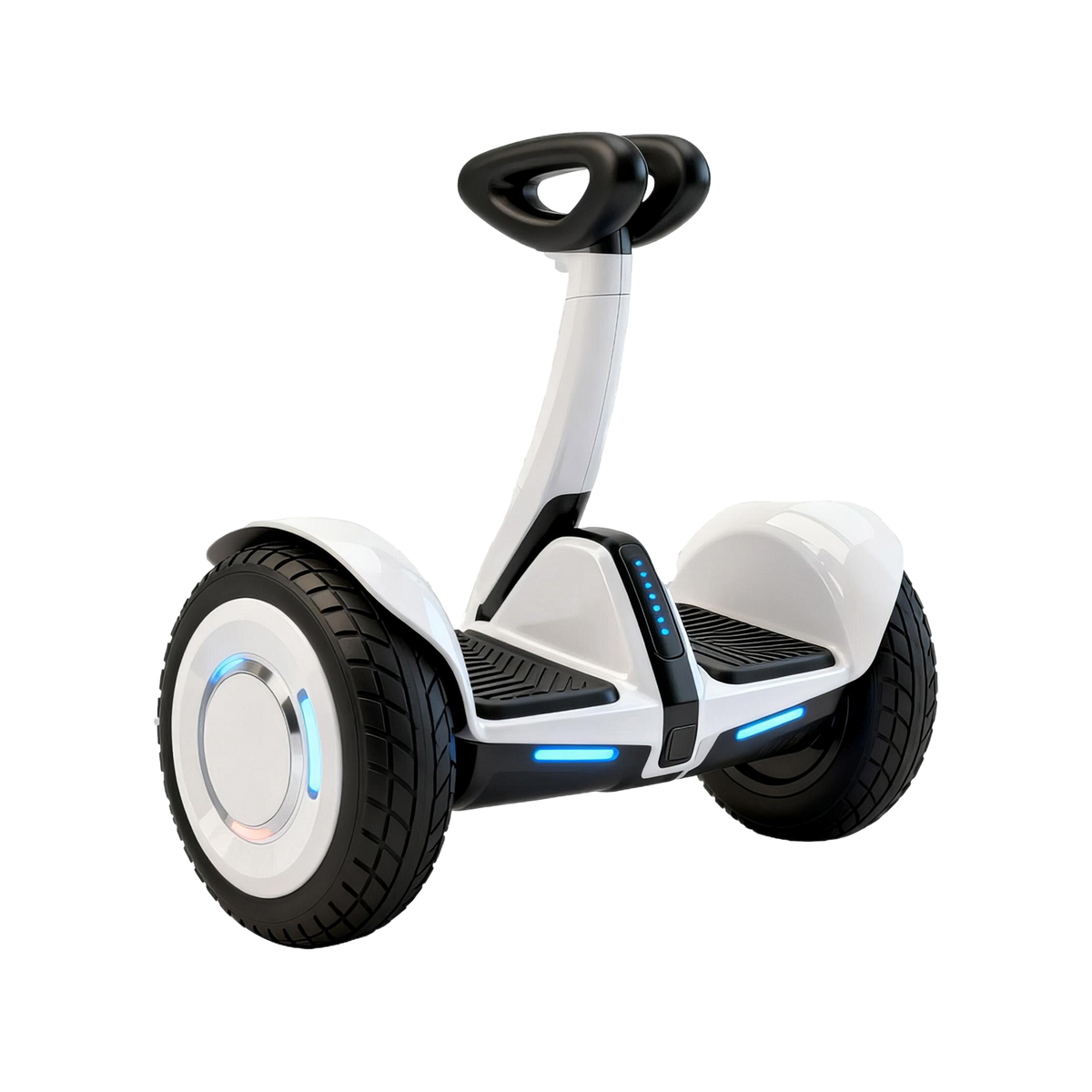 Segway Electric Personal Transporter gloss white self-balancing hoverboard scooter black T-bar handlebar D-ring grip 10-inch knobby tyres blue LED front strip wheel hub accents status panel
