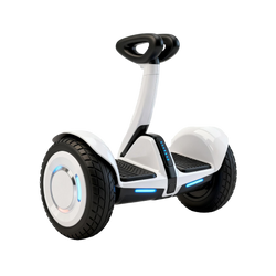 Segway Electric Personal Transporter gloss white self-balancing hoverboard scooter black T-bar handlebar D-ring grip 10-inch knobby tyres blue LED front strip wheel hub accents status panel