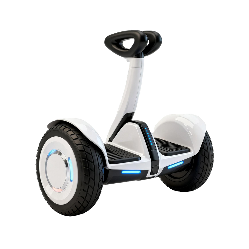 Segway Electric Personal Transporter gloss white self-balancing hoverboard scooter black T-bar handlebar D-ring grip 10-inch knobby tyres blue LED front strip wheel hub accents status panel