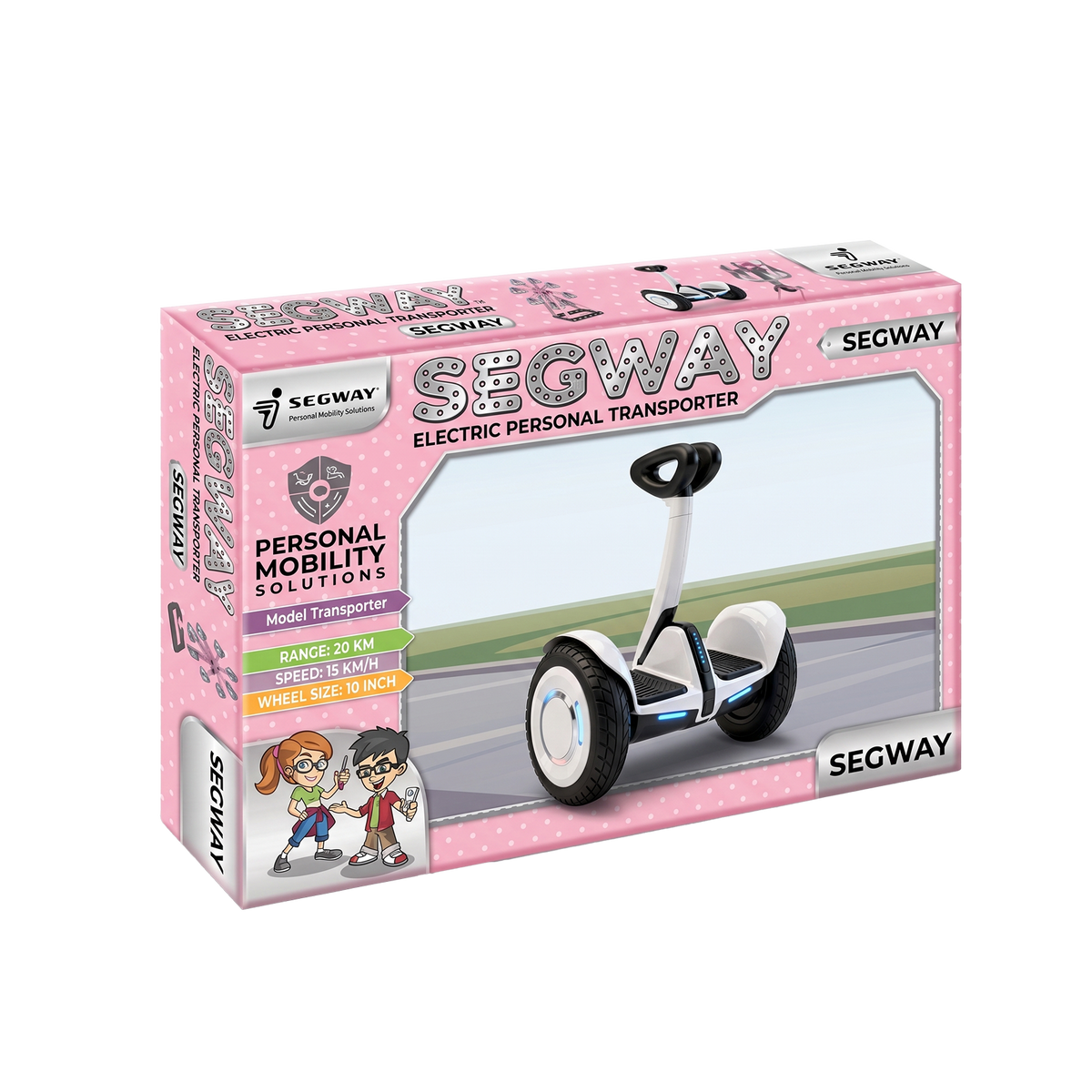 Segway Electric Personal Transporter pink product packaging box showing Range 20KM Speed 15KMH Wheel Size 10 inch Personal Mobility Solutions Model Transporter Electric Personal Transporter specification