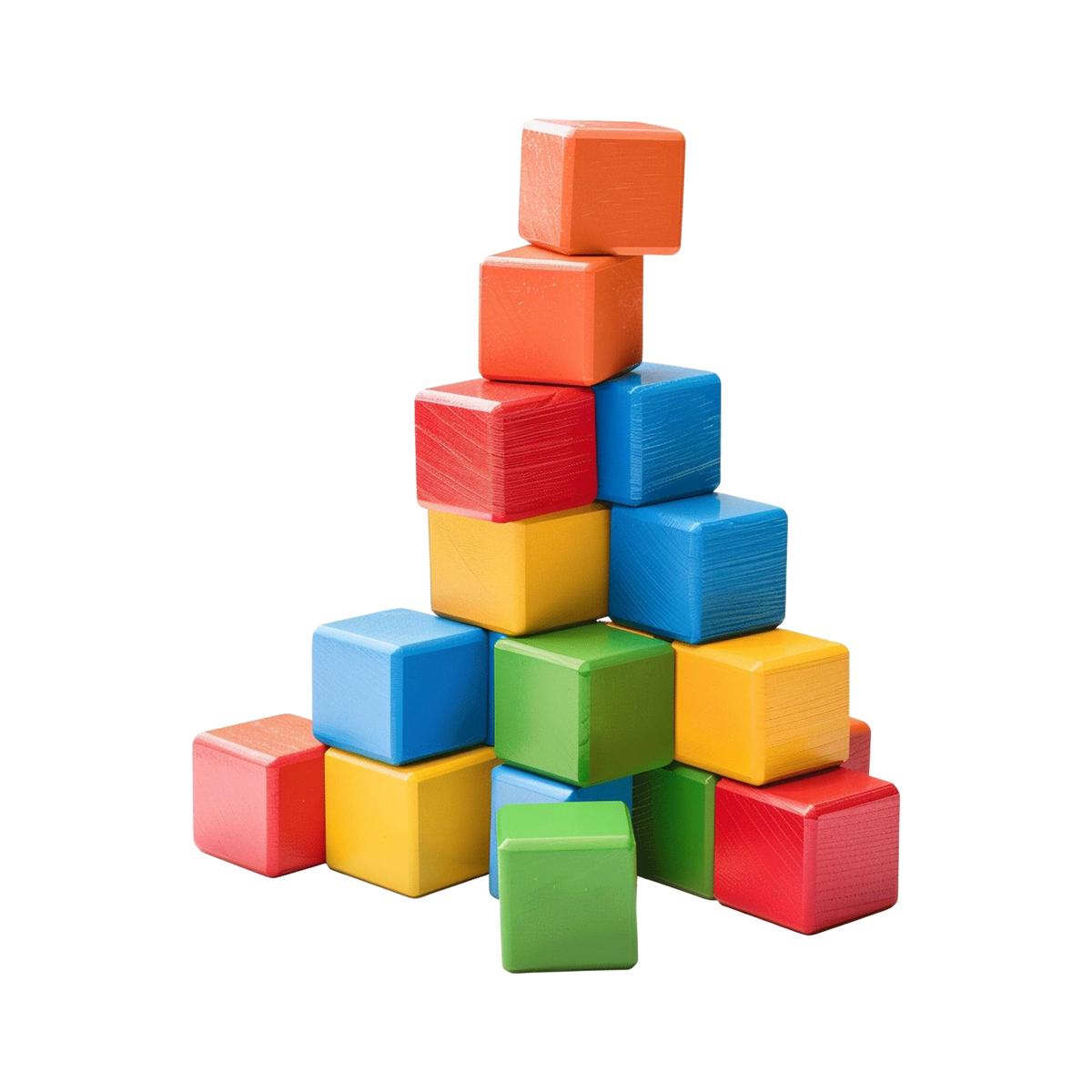 Mega Rainbow Wooden Cube Block Set 50 solid wood blocks stacked in pyramid tower five colours orange red blue yellow green rich opaque paint finish smooth rounded edges white background
