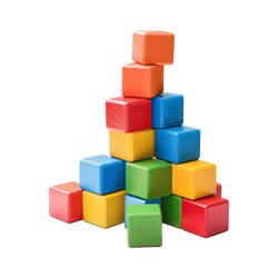 Mega Rainbow Wooden Cube Block Set 50 solid wood blocks stacked in pyramid tower five colours orange red blue yellow green rich opaque paint finish smooth rounded edges white background