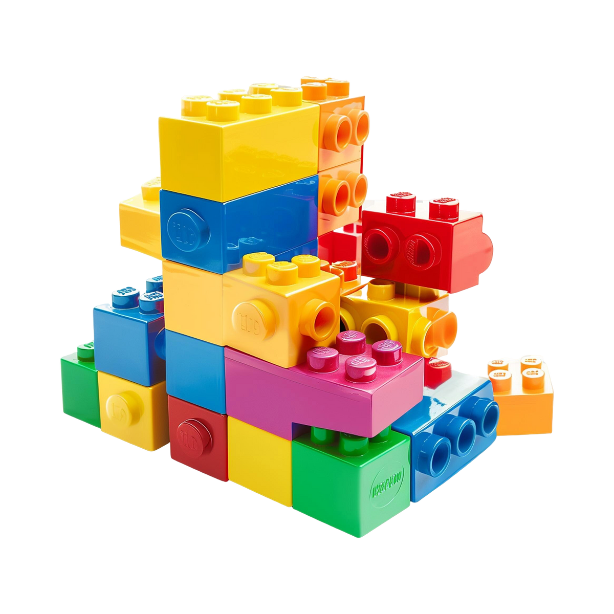 Jumbo Rainbow Interlocking Brick Construction Set multi-colour large-stud bricks stacked in abstract tower yellow blue green red pink orange peach deep stud tops hollow undersides