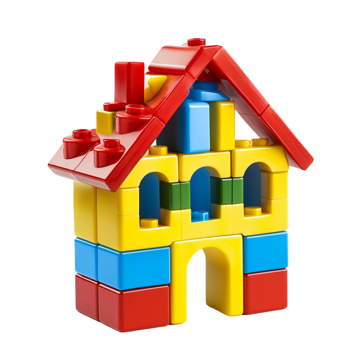 Classic Primary Colour Brick House Construction Set completed house model bold red A-frame angled roof chimney stacks yellow arch window walls blue arched openings green columns arch doorway