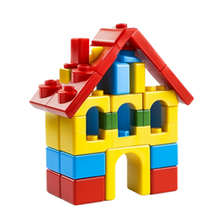 Classic Primary Colour Brick House Construction Set completed house model bold red A-frame angled roof chimney stacks yellow arch window walls blue arched openings green columns arch doorway