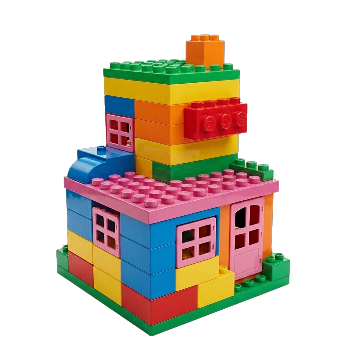 Jumbo Rainbow Interlocking Brick Construction Set completed two-storey rainbow house model pink window frames pink hinged door pink roof baseplate blue arched canopy orange chimney block