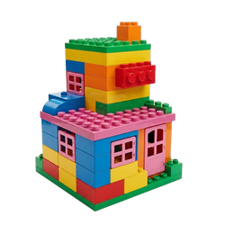 Jumbo Rainbow Interlocking Brick Construction Set completed two-storey rainbow house model pink window frames pink hinged door pink roof baseplate blue arched canopy orange chimney block
