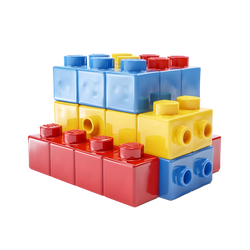 Close-up macro detail of large-stud glossy ABS bricks cherry red long bricks bottom sunshine yellow middle hollow side studs sky blue top round stud detail premium construction quality