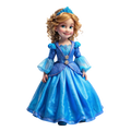 Snow Queen Adventures Royal Ice Doll 3D rendered frost princess golden curly hair blue tiara ice-blue organza ball gown violet bodice puff sleeves snowflake brooch teal green eyes white background