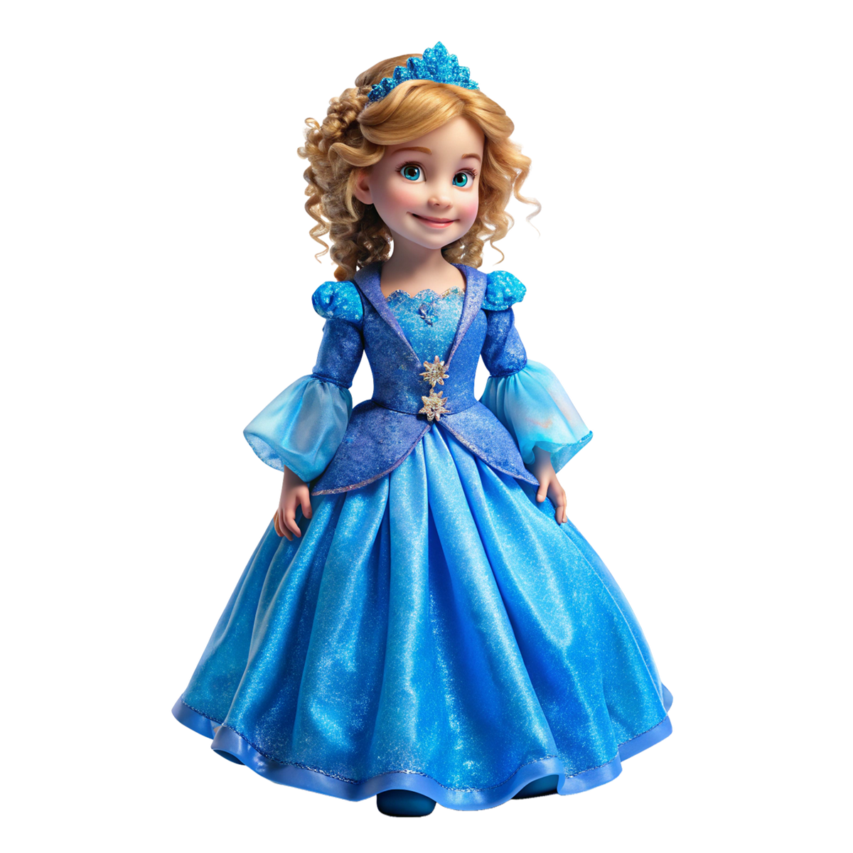 Snow Queen Adventures Royal Ice Doll 3D rendered frost princess golden curly hair blue tiara ice-blue organza ball gown violet bodice puff sleeves snowflake brooch teal green eyes white background