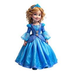 Snow Queen Adventures Royal Ice Doll 3D rendered frost princess golden curly hair blue tiara ice-blue organza ball gown violet bodice puff sleeves snowflake brooch teal green eyes white background