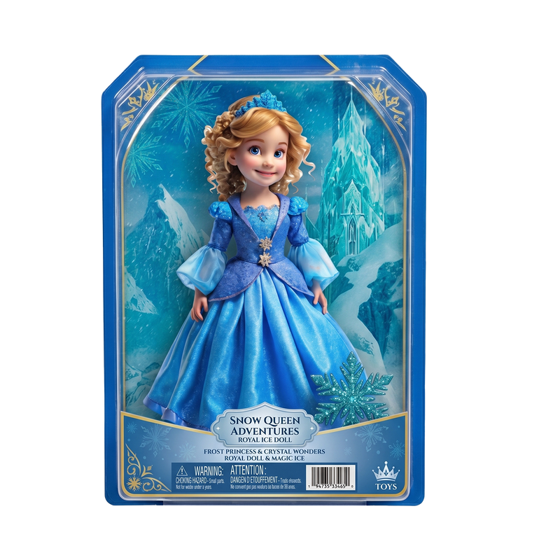 Snow Queen Adventures Royal Ice Doll royal blue window box packaging ice castle backdrop snowflake graphics gold crown branding Frost Princess Crystal Wonders Royal Doll Magic Ice