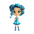 Aquamarina Adventures Fashion Doll chibi princess teal braided updo silver orbital clip big teal eyes aqua satin mini dress silver crystal corset blue crystal lace knee boots white background