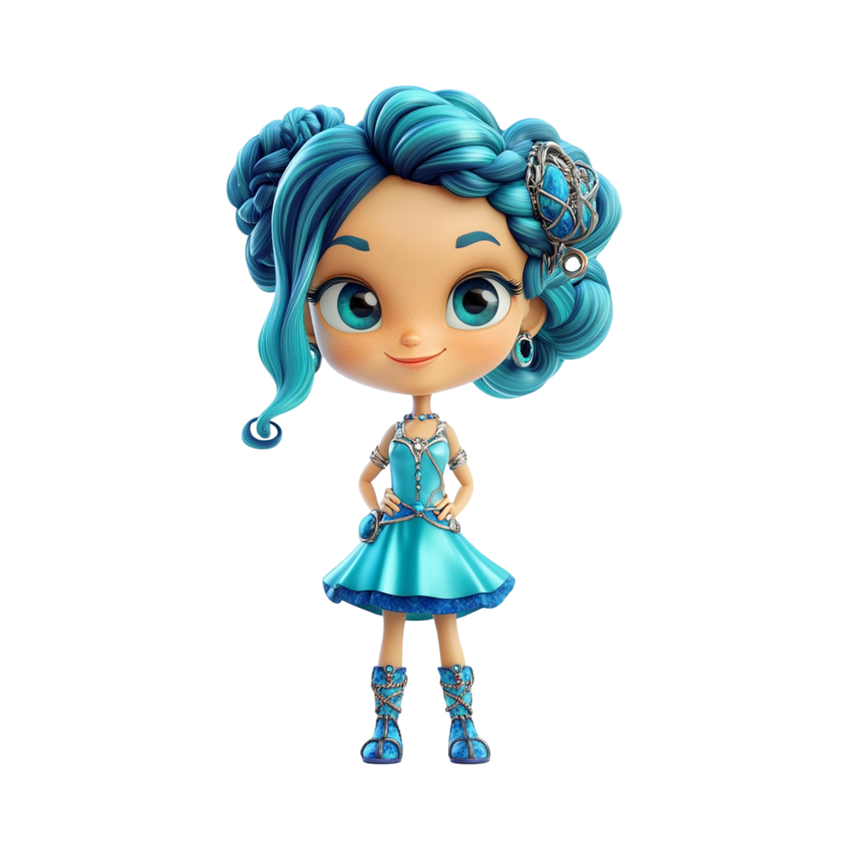 Aquamarina Adventures Fashion Doll chibi princess teal braided updo silver orbital clip big teal eyes aqua satin mini dress silver crystal corset blue crystal lace knee boots white background