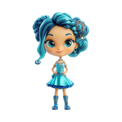 Aquamarina Adventures Fashion Doll chibi princess teal braided updo silver orbital clip big teal eyes aqua satin mini dress silver crystal corset blue crystal lace knee boots white background